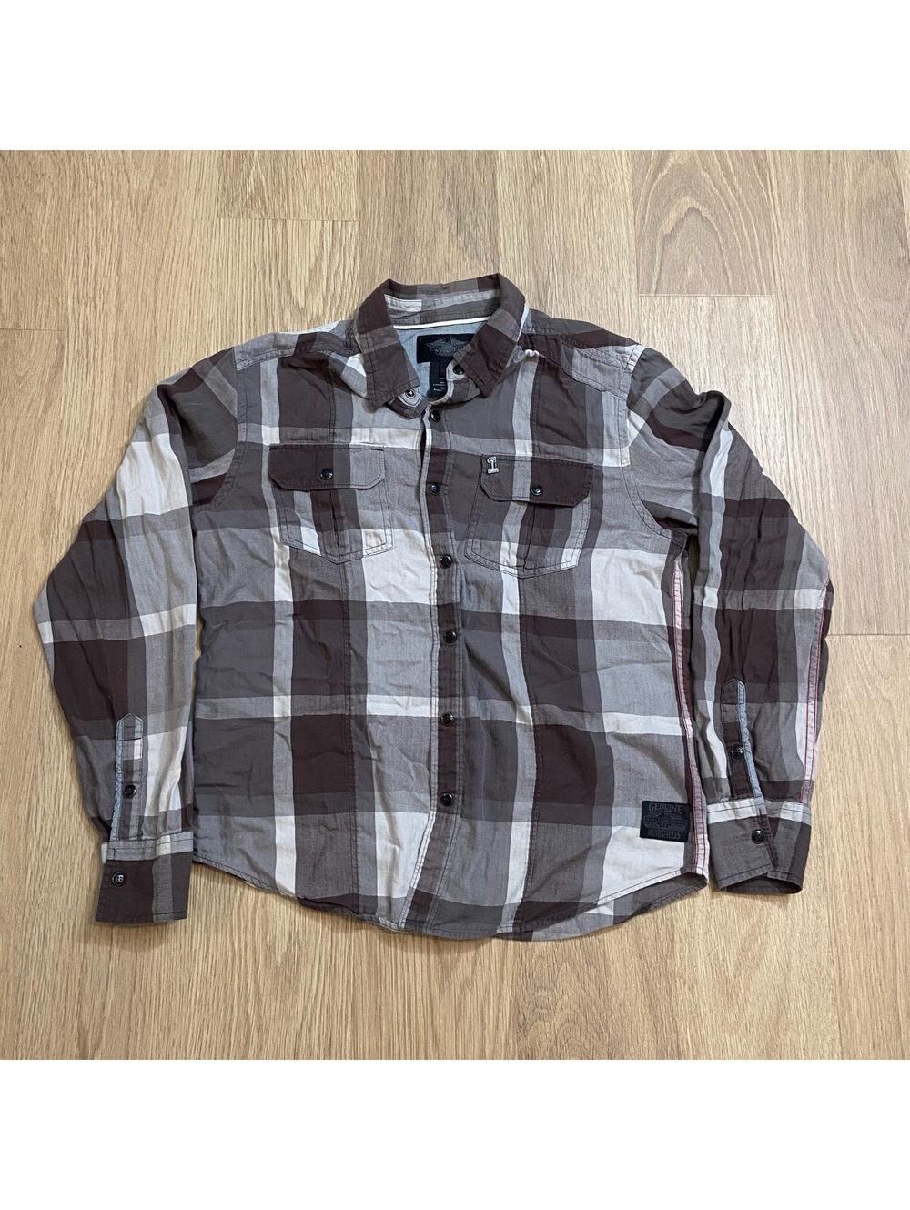 Harley-Davidson Men's Brown and Beige Plaid Button-Up Shirt Cotton Flannel Large